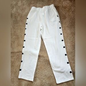 NWOT Summer white linen pants, size large with black buttons down side of legs.